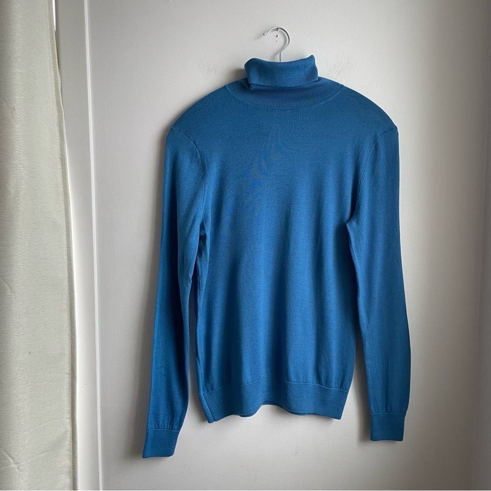 100% Merino Wool-Light Turtleneck Sweater Pullover-Blue-size M